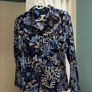 Chico's Navy and White Floral Button-Down Shirt